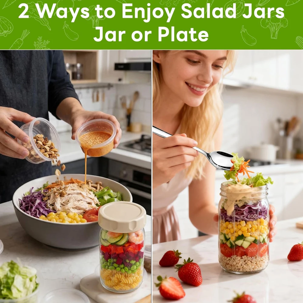 4個入りガラス製サラダジャー、32オンスの食事準備用サラダジ - Meal Prep Jar Salad のレビューと価格