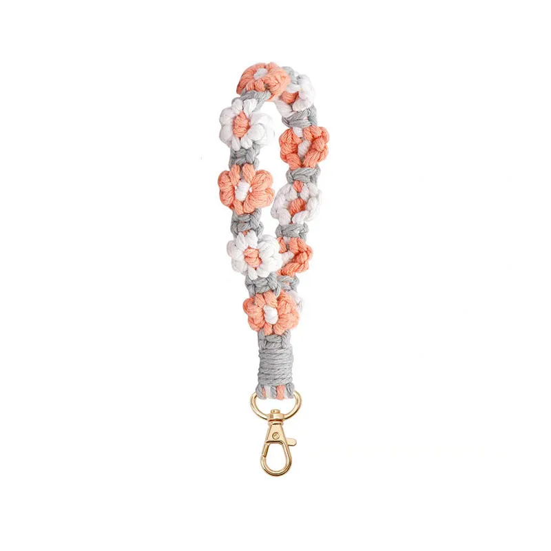 Bohemia Flower Handmade Woven Phone Chain Keychain for Women Vintage Colorful Daisy Floral Key Ring Bag Pendant Wrist Strap