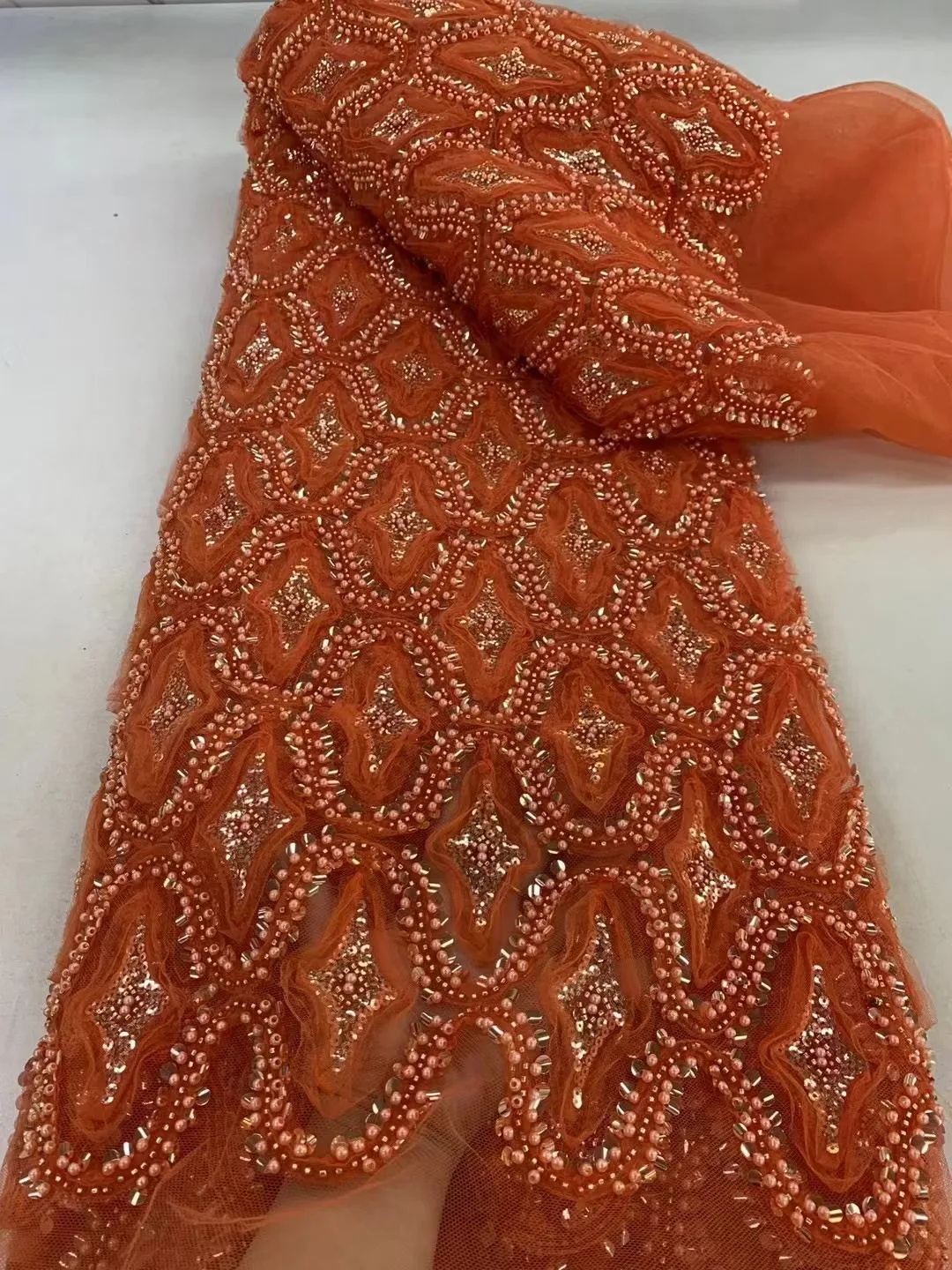 

2024 The Latest Gorgeous Orange Embroidery With Sequins Beads French Nigerian Tulle Flower For Wedding Dresses Sell By 5yard