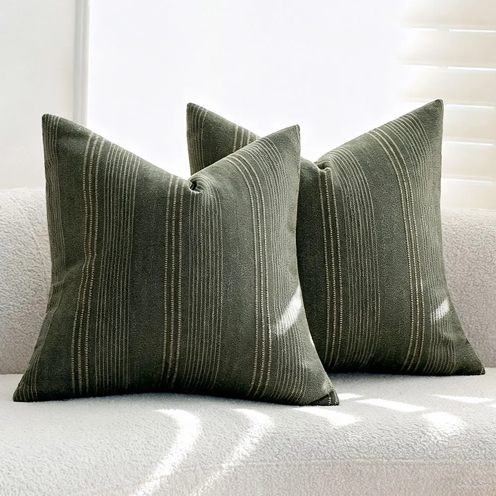 Boho Olive Green Linen Blend Throw Pillow Cover Jacquard Striped Textured Decorative Cushion Case 45x45cm/30x50cm for Sofa Couch