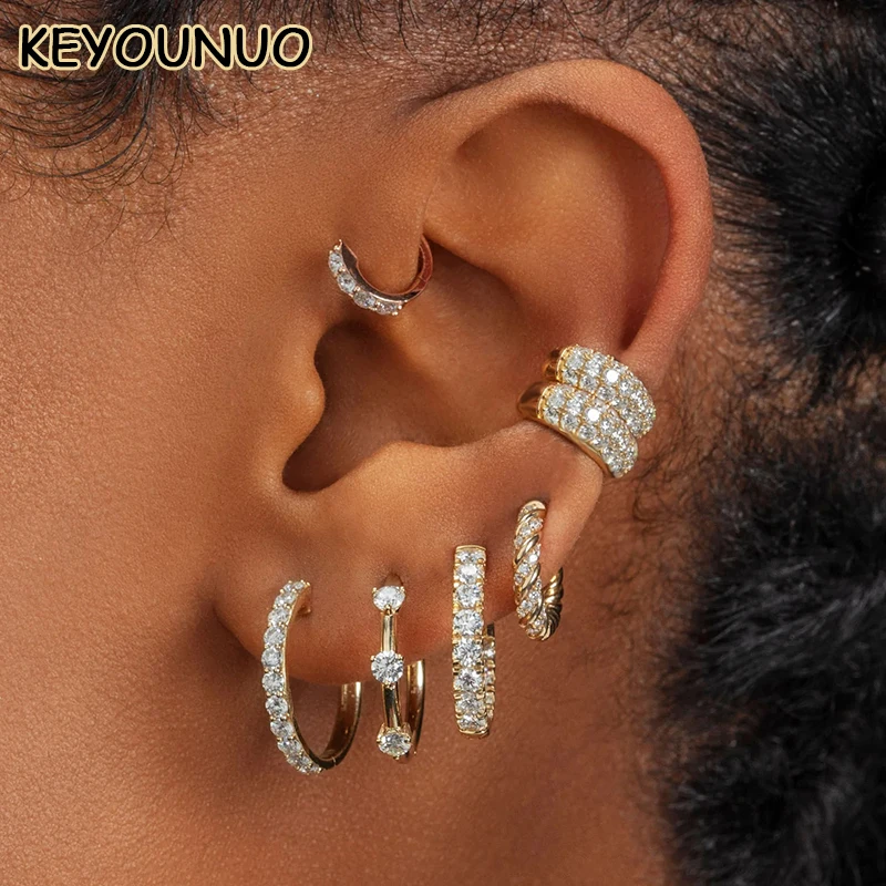 KEYOUNUO Luxury Gold Plated CZ Hoop Earrings For Women Piercing Zircon Cuff Earrings Fashion Party Wedding Jewelry Wholesale