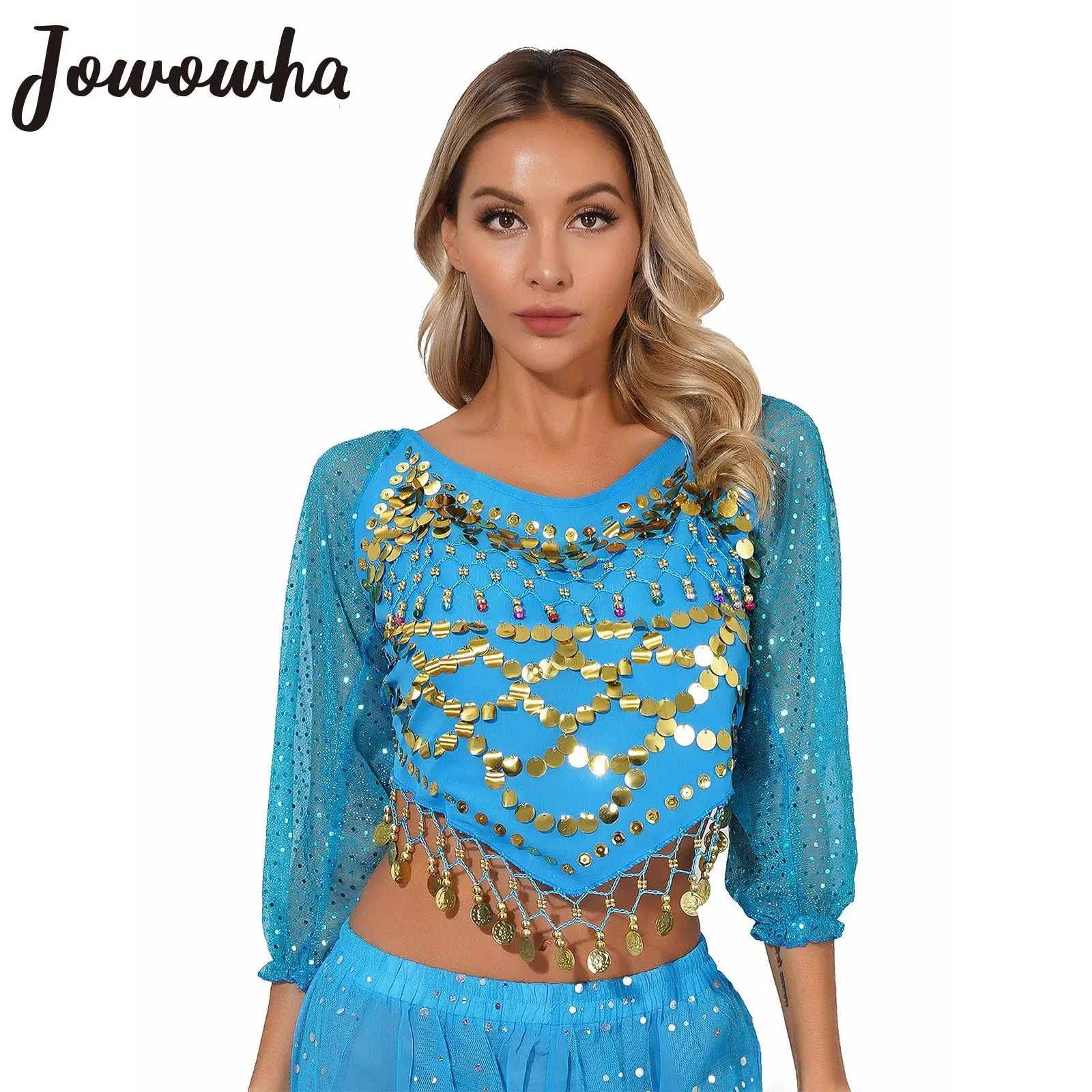 Womens Belly Dance Chiffon Tops Sequined Beaded Tassel Crop Top Halloween Carnival Rave Party Indian Dancing Performance Costume