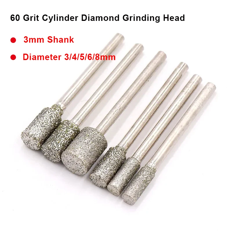 1/5Pcs 60 Grit Cylinder Diamond Grinding Head 3mm Shank Electroplated Grinding Rod Carving Burrs Lapidary Tool For Jade Marble