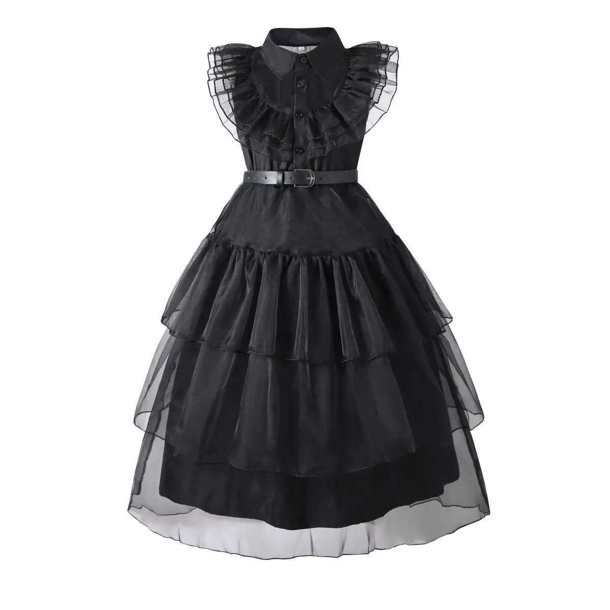 Girls Black Gothic Layered Tulle Midi Dress with Waist Belt Cosplay Costume for Halloween Carnival Party Fancy Dress‑Up Outfit