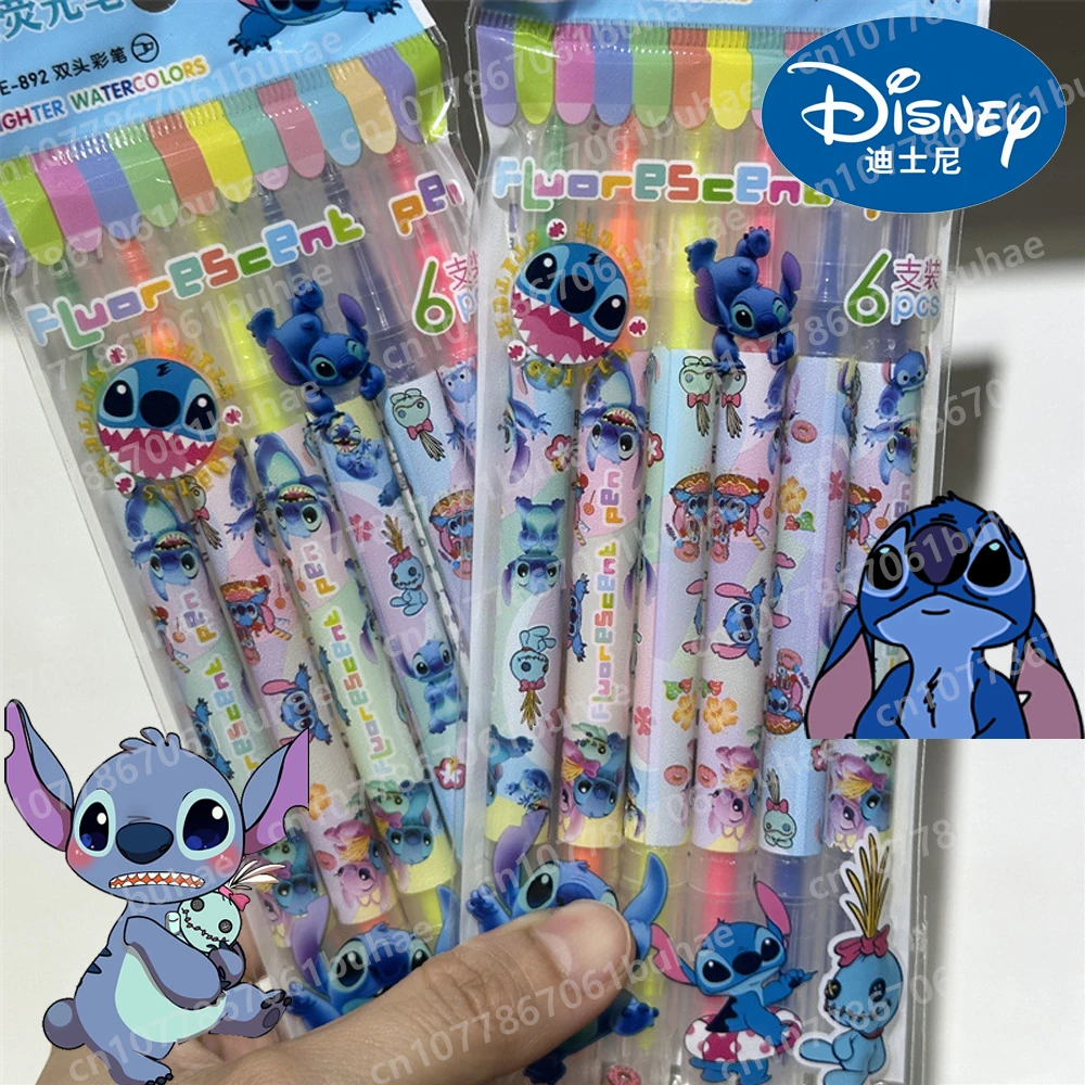 6pcs/bag Disney Stitch Double-ended Highlighter Kawaii Pens Writing Signature Pen School Office Supplies Kids Stationery Gift