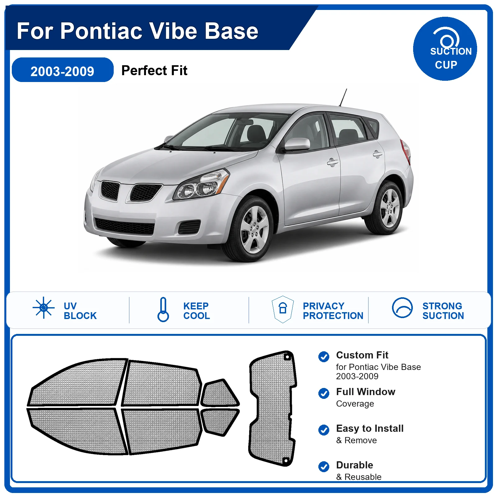 For Pontiac Vibe Base 2003-2009 Custom Full Set Windshield Sun Shade Aluminum Foil Heat Insulation Anti UV Foldable