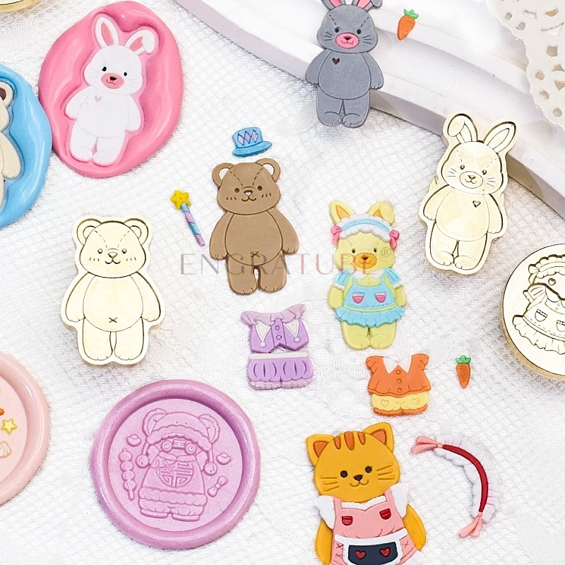 Conjunto de selo de cera de desenho animado, gatinho fofo, coelho, urso, troca de roupas, kit de cera de vedação antiga, presentes, scrapbooking decorativo
