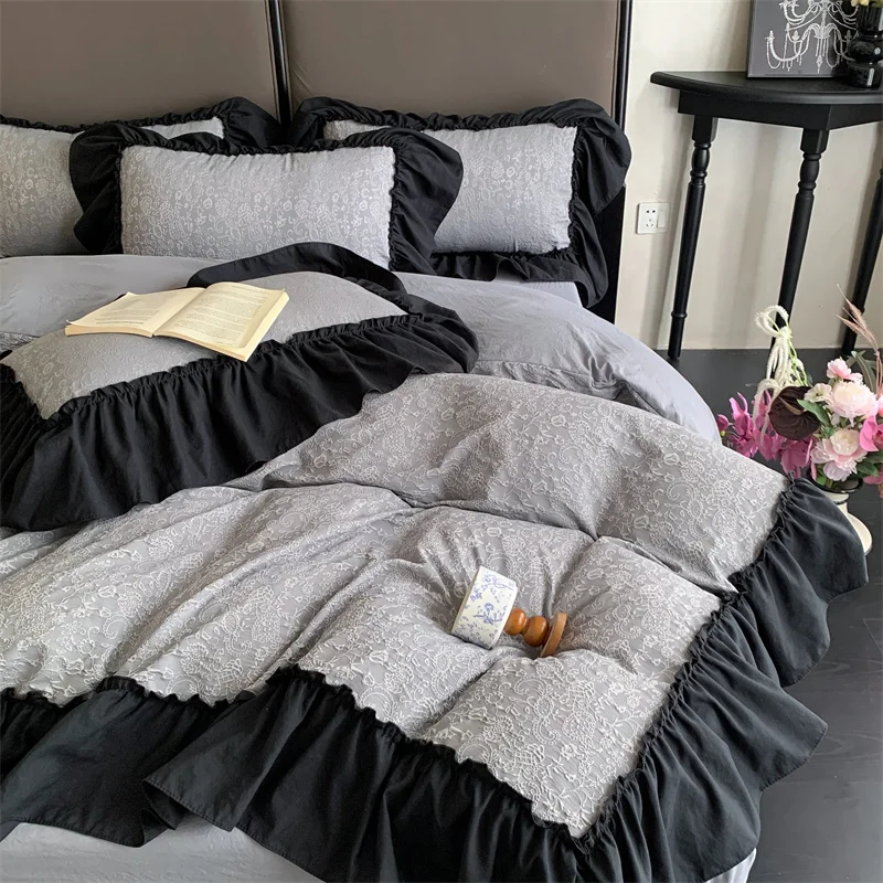 Jacquard Duvet Cover Set with Black Ruffles Brushed Bedding Set Single/Queen/King Size Solid Color parure de lit  Luxury Bedding