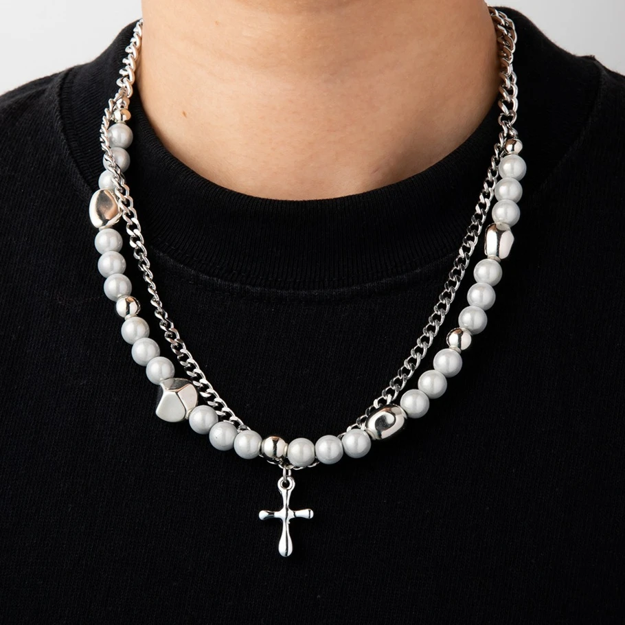 

Мужское и женское ожерелье из титановой стали в стиле хип-хоп, двухслойная цепочка для свитера с нишевым дизайном и жемчугом