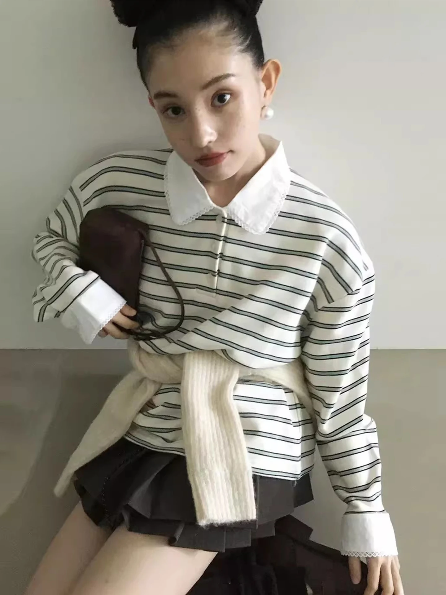 

Ретро антивозрастная цветная футболка с рюшами в полоску, женская футболка ранней весны, маленький размер, повседневный топ на голову