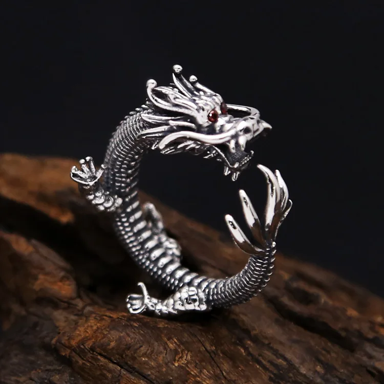 

S925 Sterling Silver Jewelry Huaxia Divine Dragon Ring for Men and Women Retro Thai Silver Opening Old Personalized Tail Ring Cr