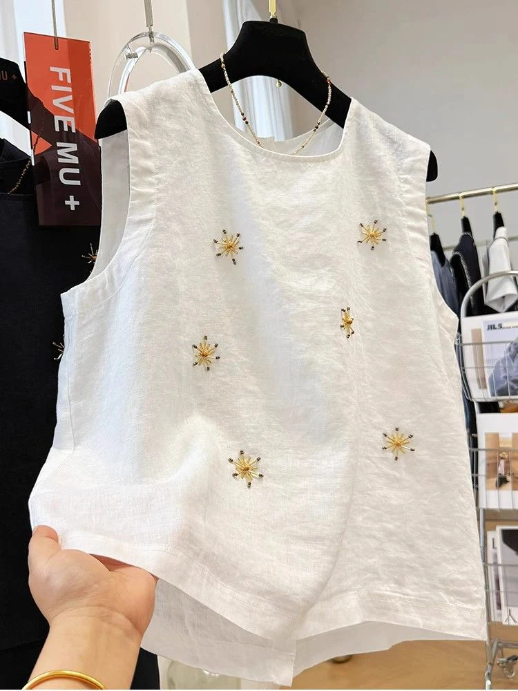 توب نسائي صيفي أنيق بدون أكمام مزين بتصميم عتيق، برقبة مستديرة، رقيق وعصري، مريح وقابل للتنفس