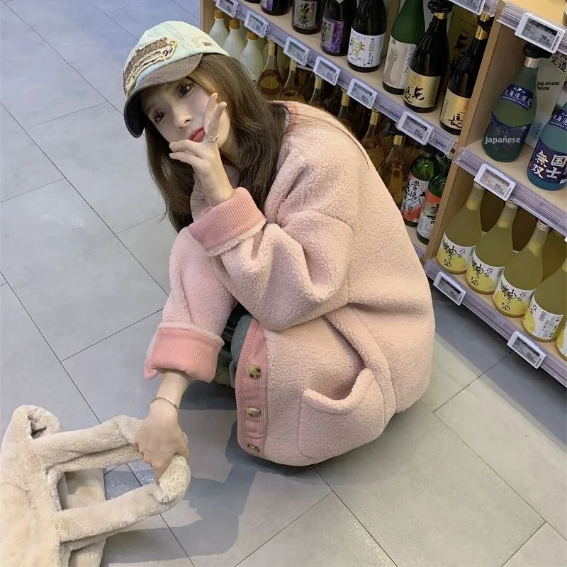 

Утепленный флисовый зимний кардиган с длинными рукавами, свободный крой, повседневный стиль, контрастные цвета, ретро, женский топ, модная защита от солнца