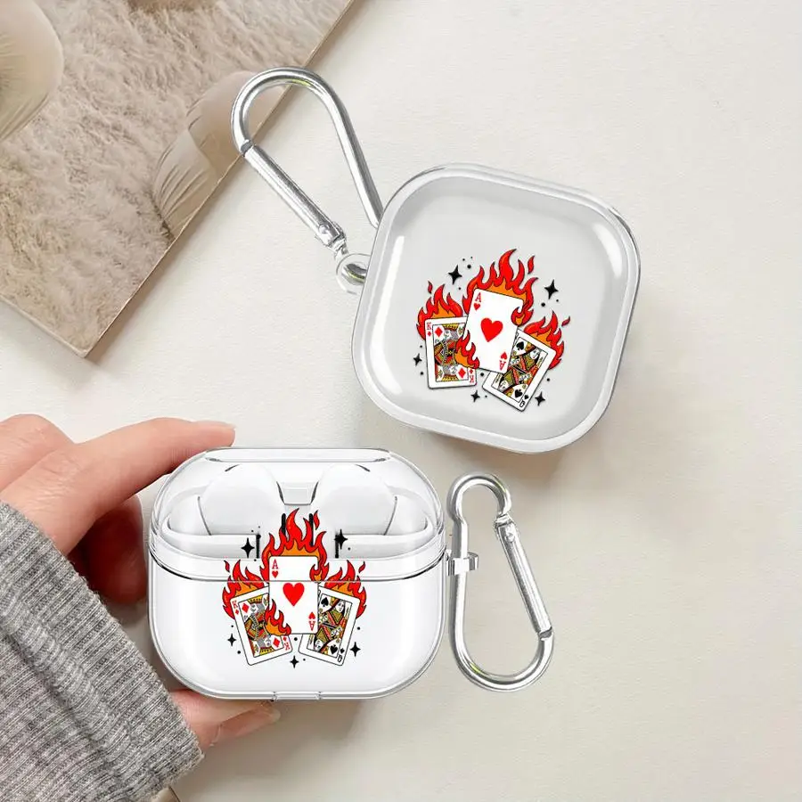 Flame Heart Poker Art Case For Samsung Galaxy Buds 3Pro Live 4Pro 2Pro 3 FE 2 4 Pro Clear Earphone Cases Cover With Hook