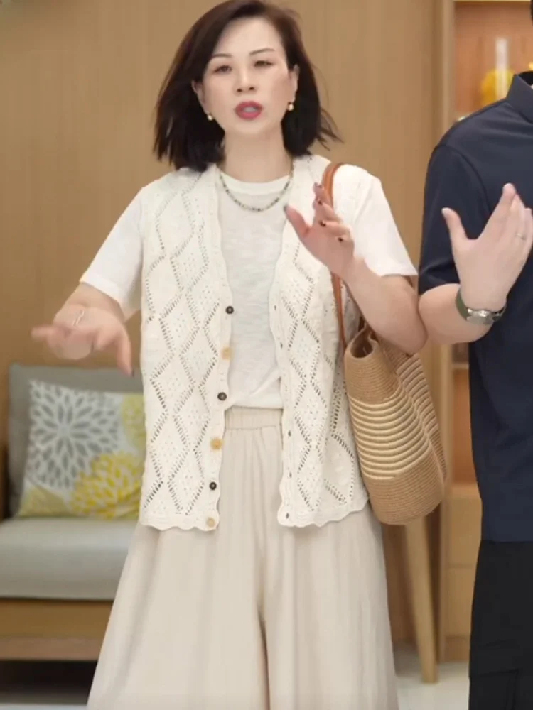 

Casual Lazy Sle Color Hollow out Summer Knitted Open Cardigan Top Svel Layering Vest Breathable V-Ne Single B...