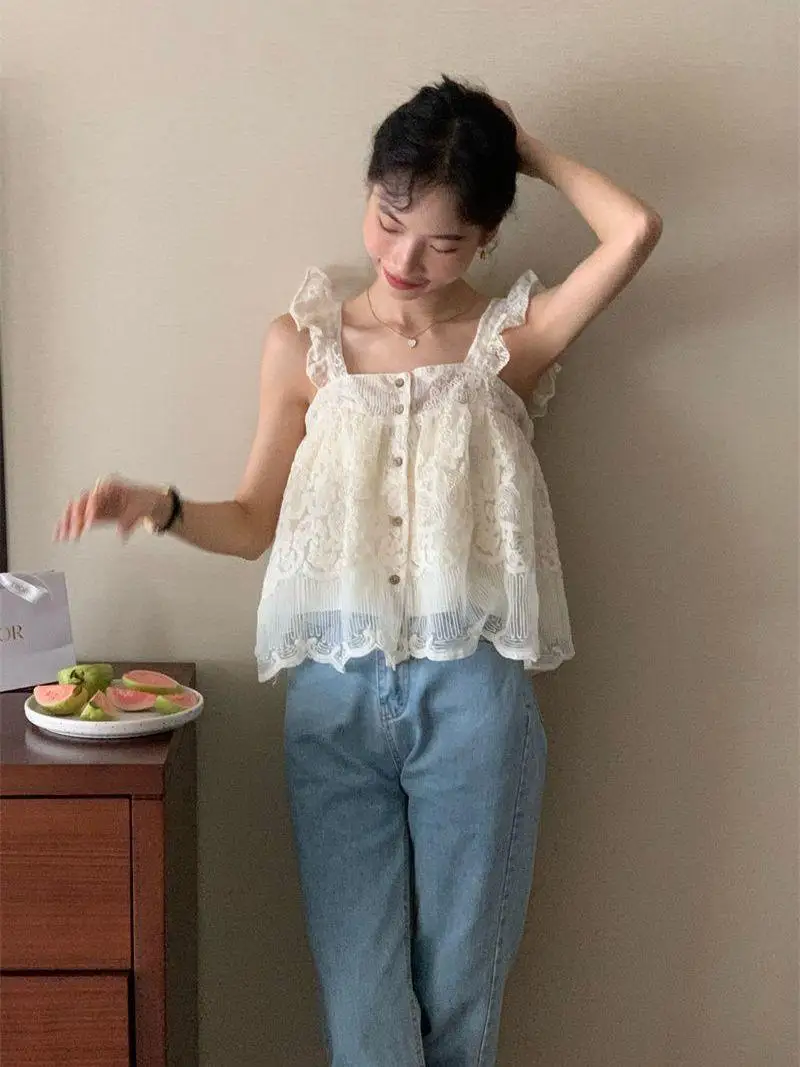 Lace Tanks Women Square Collar Summer Loose Sweet College Simple Basic Casual All-match Tops Korean Style Y2k Clothing Backless