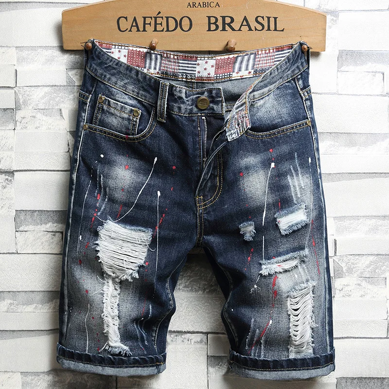 

2024 Summer Ripped Denim Shorts Men's Loose Straight Trend All-Matching and Handsome Beggar Motorcycle Shorts