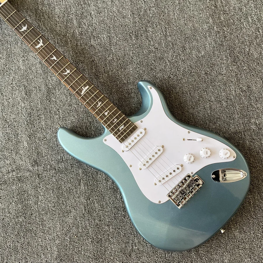 High quality electric guitar, metal blue finish, maple neck, rosewood fingerboard, chrome hardware, vibrato system, 2 pickups