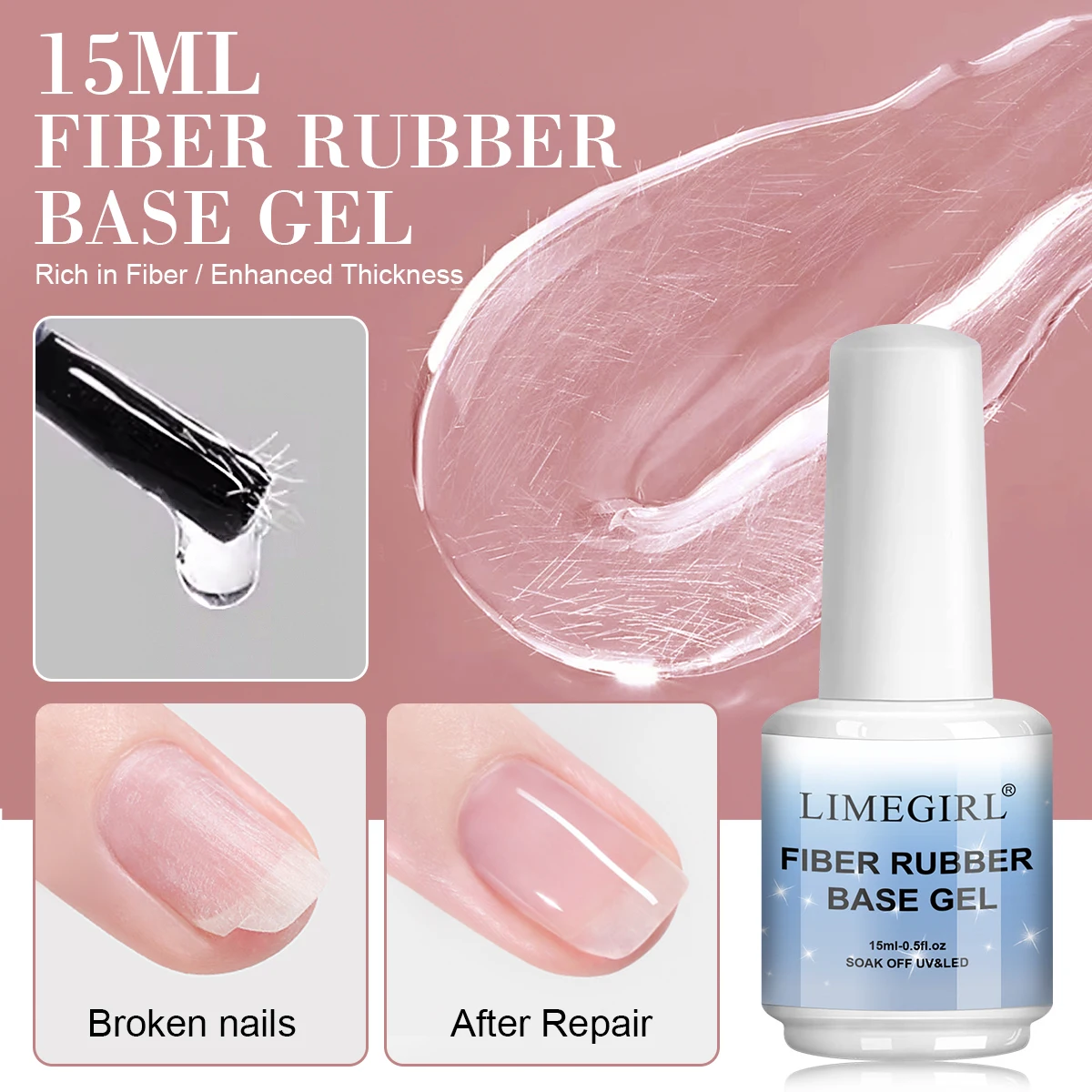 

LIMEGIRL Fiber Rubberbase Gel for Transparent Primer Quickly Repair Nails Damage 15ML Repair Glass Fiber Multifunctional Art Gel