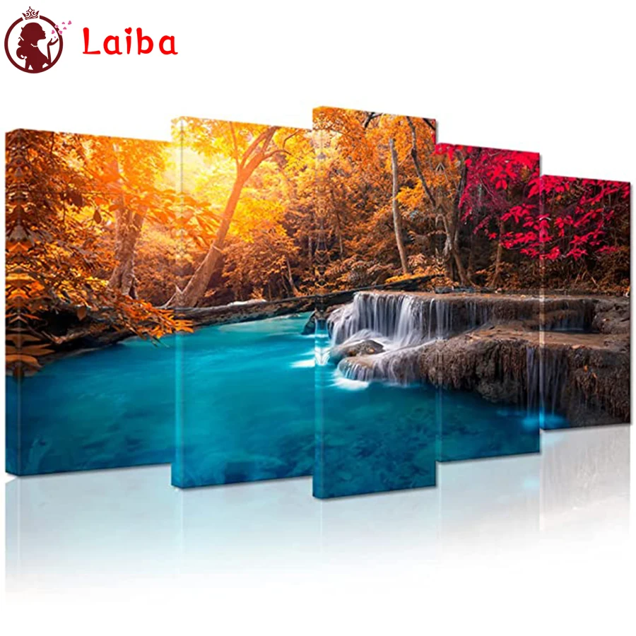 

Diamond Embroidery scenery autumn tree lake waterfall Diamond Painting Full Square round drill Mosaic Cross Stitch Wall Ar 5pcs