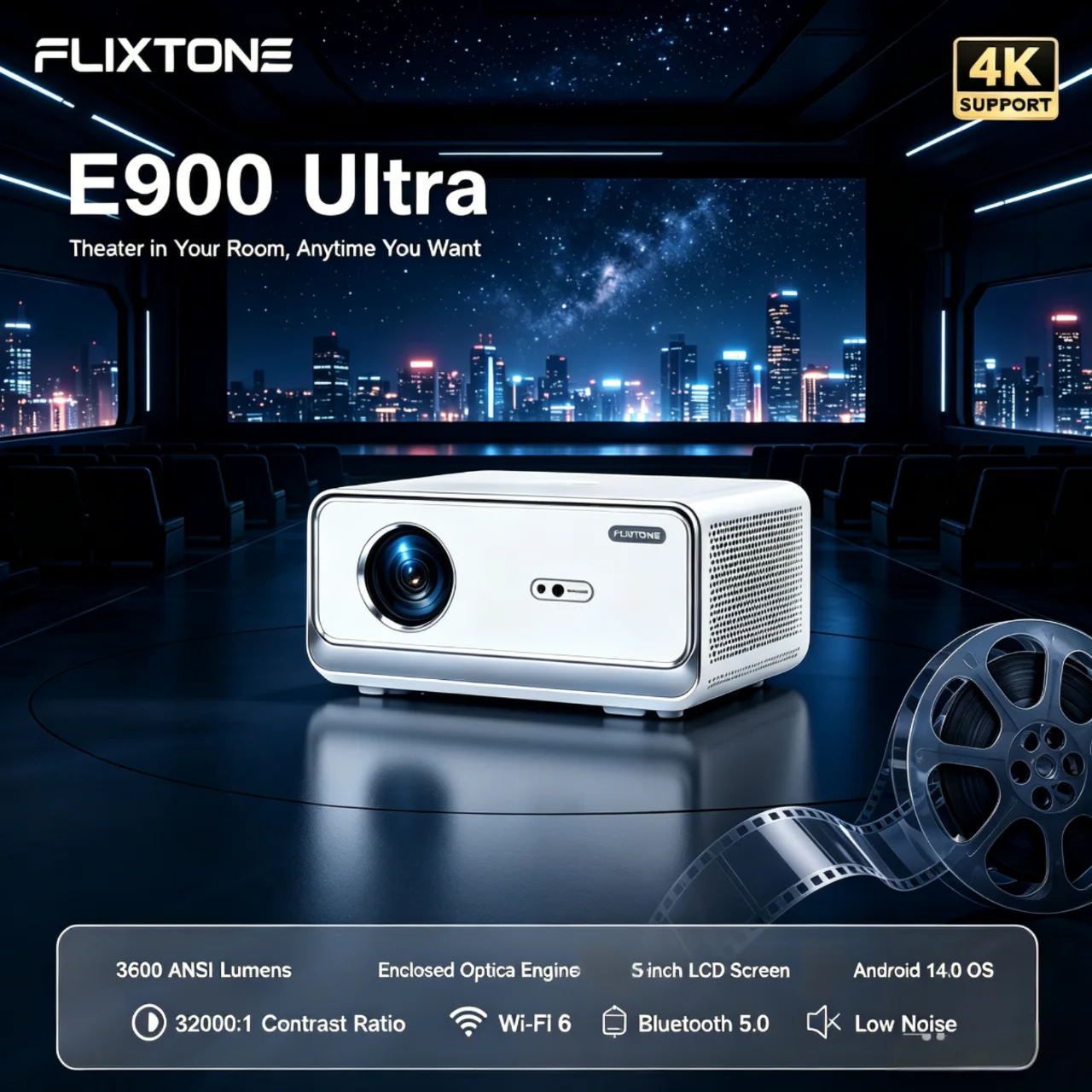 FlixTone E900 Ultra Projector 3600 ANSI lumens Home Theater with Android 14.0 System  Smart TV with HDR 10 Auto Correction