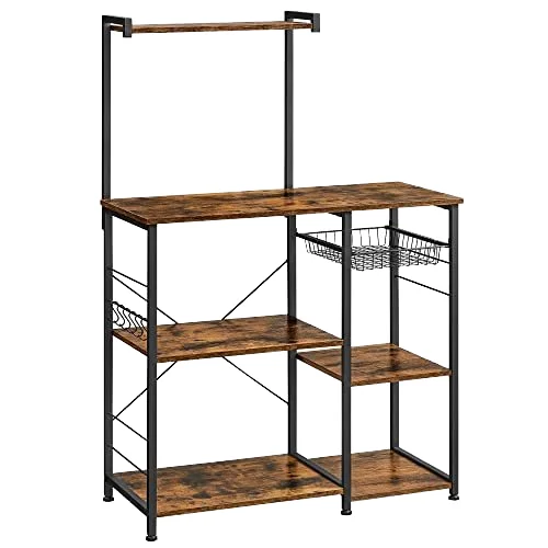 

Modern Wall Mounted Multifunctional 5-Layer Metal Wire Mesh Kitchen Storage Shelves with Spice Cart and Wine Racks