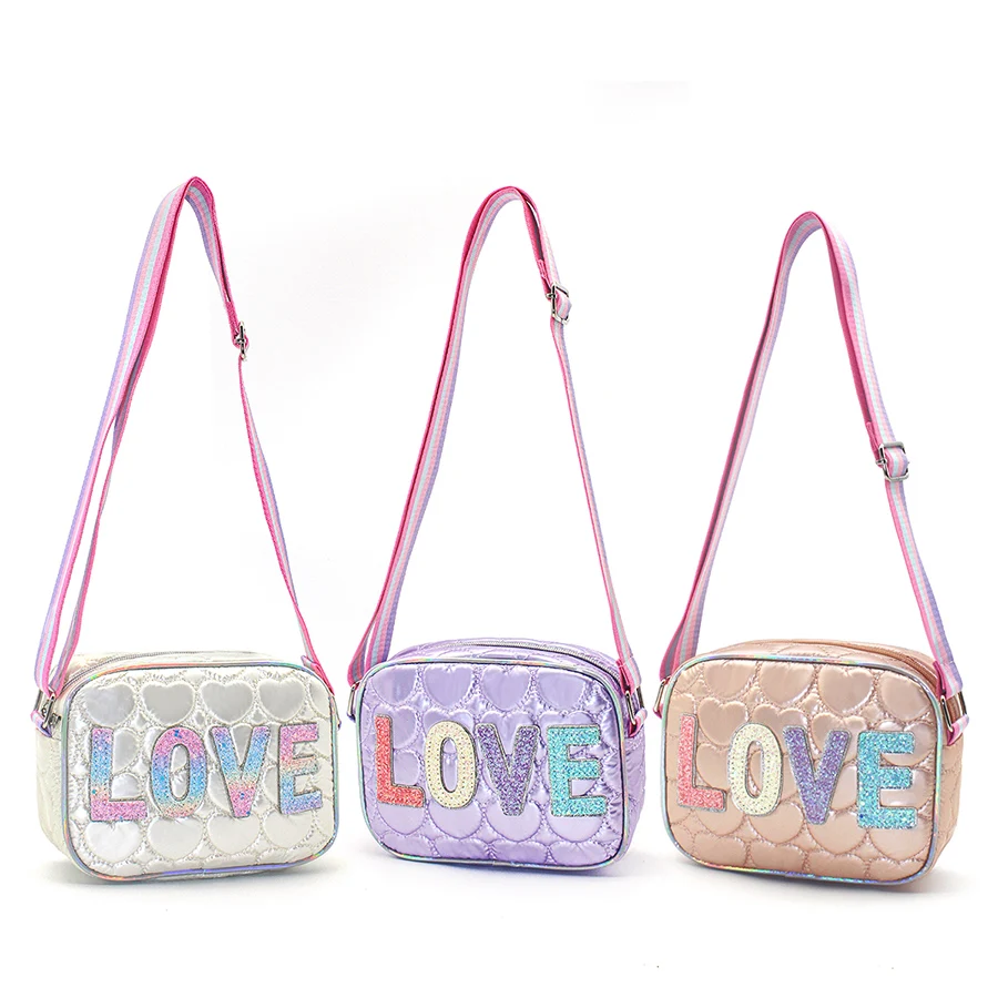 Mini Messenger Heart Shaped 3D Embroidered Crossbody Bag Kids Girls Mobile Phone Bag LOVE Sequin Holiday Gift