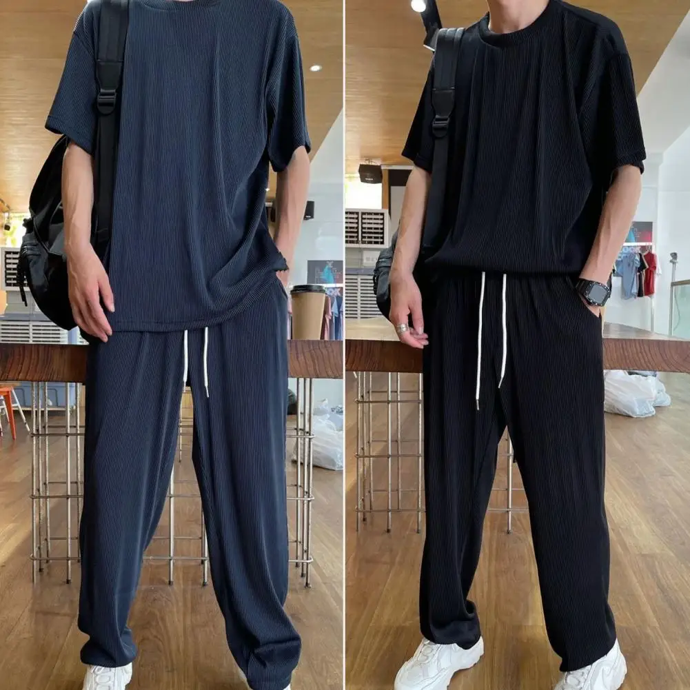 1 Set attraktive Männer Outfit Eis Seide Top Hose einfarbig Rundhals ausschnitt drapieren Outfit Kordel zug