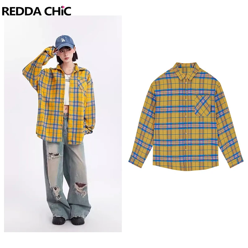 

ReddaChic Plaid Shirt Women American Vintage Shirt Jacket Spring Fall Loose Long Sleeve Oversized Shirt Top Daily Wear Unisex
