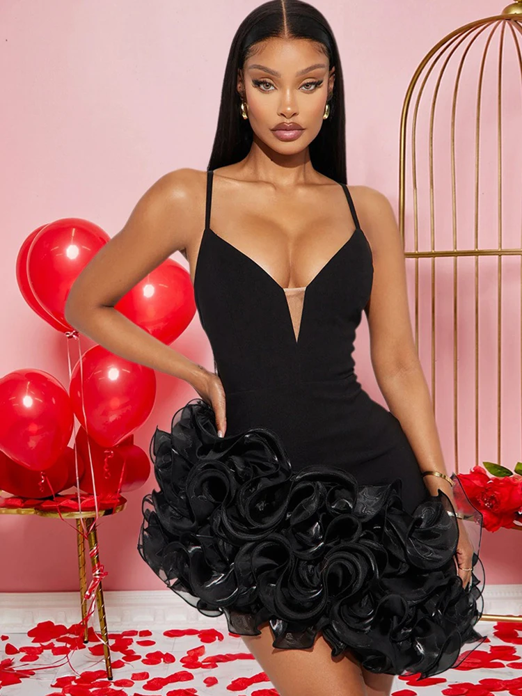 Vestido para festa de aniversário feminino sexy alça fina vestido em camadas bainha com decote em v verão elegante vestido curto atacado dropshipping