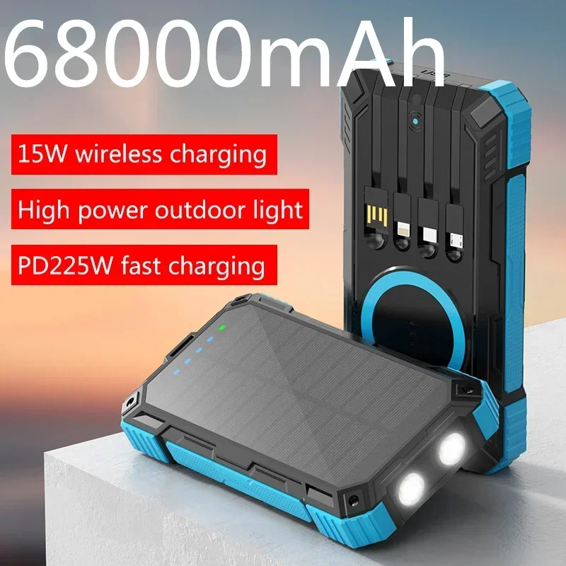 Pengisi daya ponsel panel surya, bank daya nirkabel, pengisi daya ponsel tenaga surya 68000mAh dengan lampu luar ruangan, pengisi daya nirkabel 15W