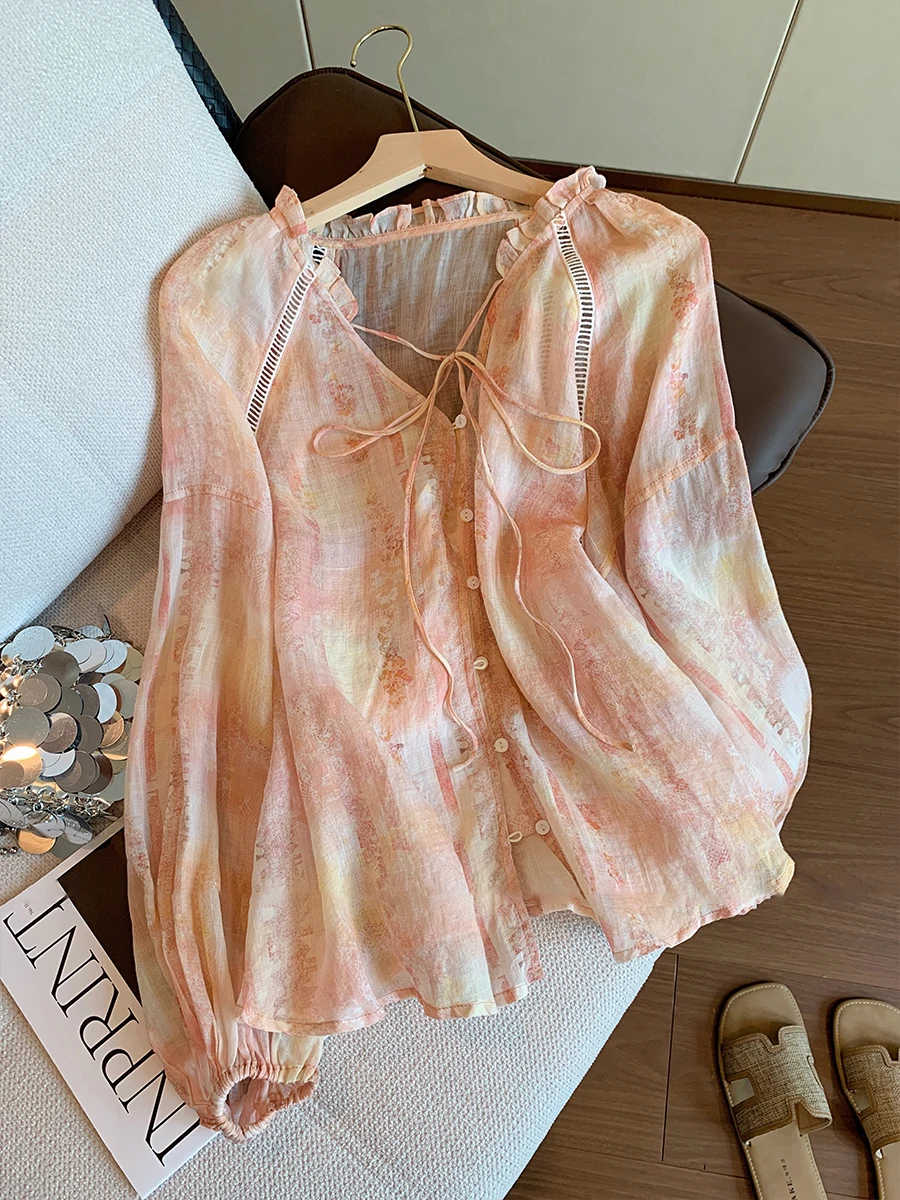 Chic Lace Trim Long Sve irt Women's Casual Sle Thin Material V-Ne Button-Up Loose Fit Autumn Faion Top