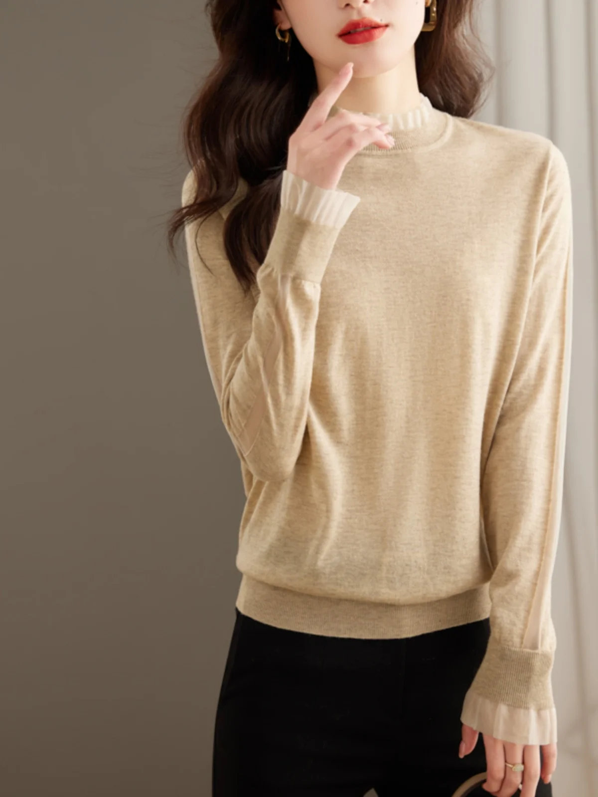 سترة نسائية محبوكة بياقة عالية وقاعدة irt ملابس داخلية حلوة Sle بقصة ضيقة طويلة Sve لون نقي ماركة صينية