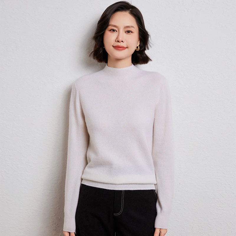 High Quality 100% Australian Wool Women's Half  High Collar Knitted Pullover Spring  Autumn New  Long Sleeved Solid Color Tops