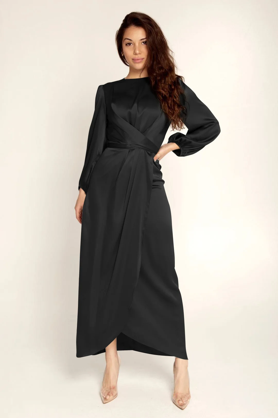 Robe Abaya en Satin pour Femme, Vêtement Arabe, Solide, Lisse, Devant Rond, à Nouer, Élégant, Islamique, Tenue de ix