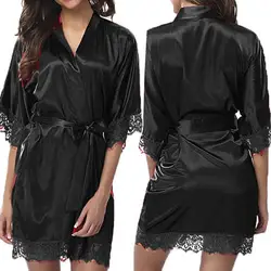 Women Bathrobe Belt Cardigan Black Lace Nightdress Lace Lady Pajamas Spring Women Ice Silk Pajamas Robes Sleepwear Nightgowns