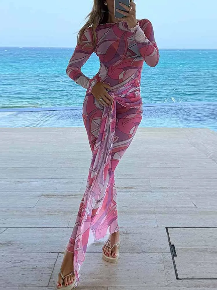 MCDV Abito sexy in maglia con stampa con lacci Donna Chic O-Collo Manica lunga Aderente Abiti maxi trasparenti 2025 Autunno Lady Beach Vacation Robe