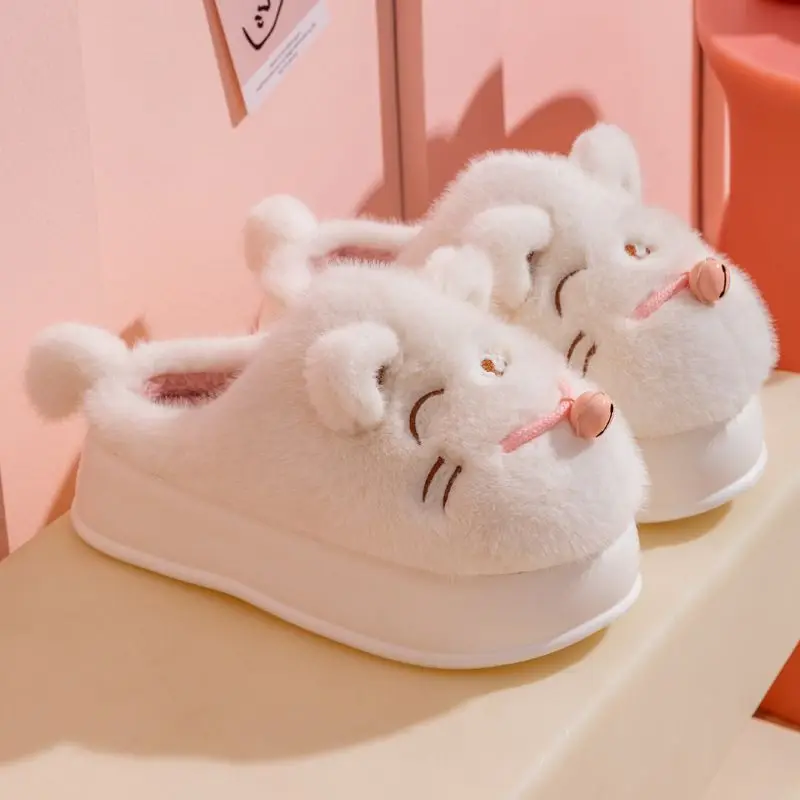 

6 cm Platform fluffy cat slippers women cute home indoor shoes ladies white kitty mules woman winter warm slides room slippers