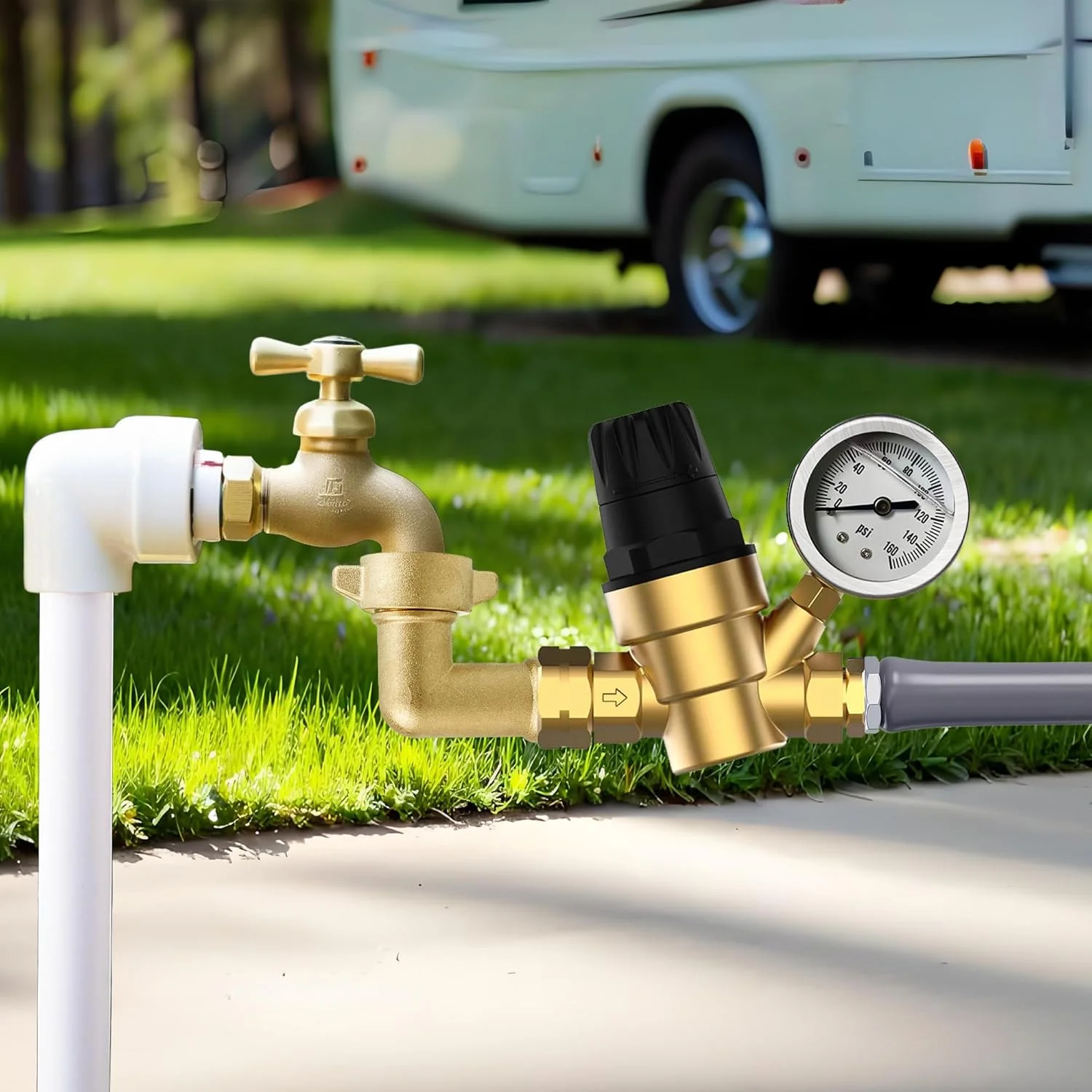 

Adjustable Water Pressure Regulator Valve With Pressure Gauge For RV Camper Trailer Garden Irrigation Household Tap Water Pipeline Pressure Reducer