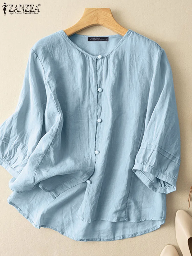 ZANZEA Autumn Women Cotton Shirt Vintage O Neck 3/4 Sleeve Blouse Elegant Casual Solid Tunic Tops Fashion Buttons Down Blusas