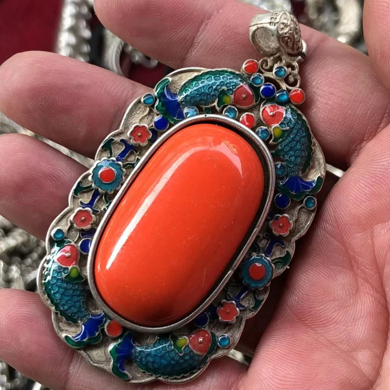 Antique Miscellaneous Vintage Distressed Tibetan Silver Inlaid Cloisonne Red Jade Square Plate Pendant Pendant Crafts