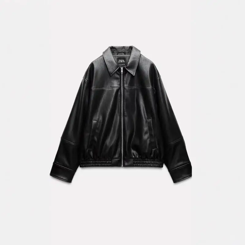 سترة طيار نسائية من الجلد الصناعي من TRF، تصميم جديد لخريف وشتاء، أسلوب حلو وفضفاض، أكمام طويلة، إغلاق بسحاب، حافة مستديرة، ع...