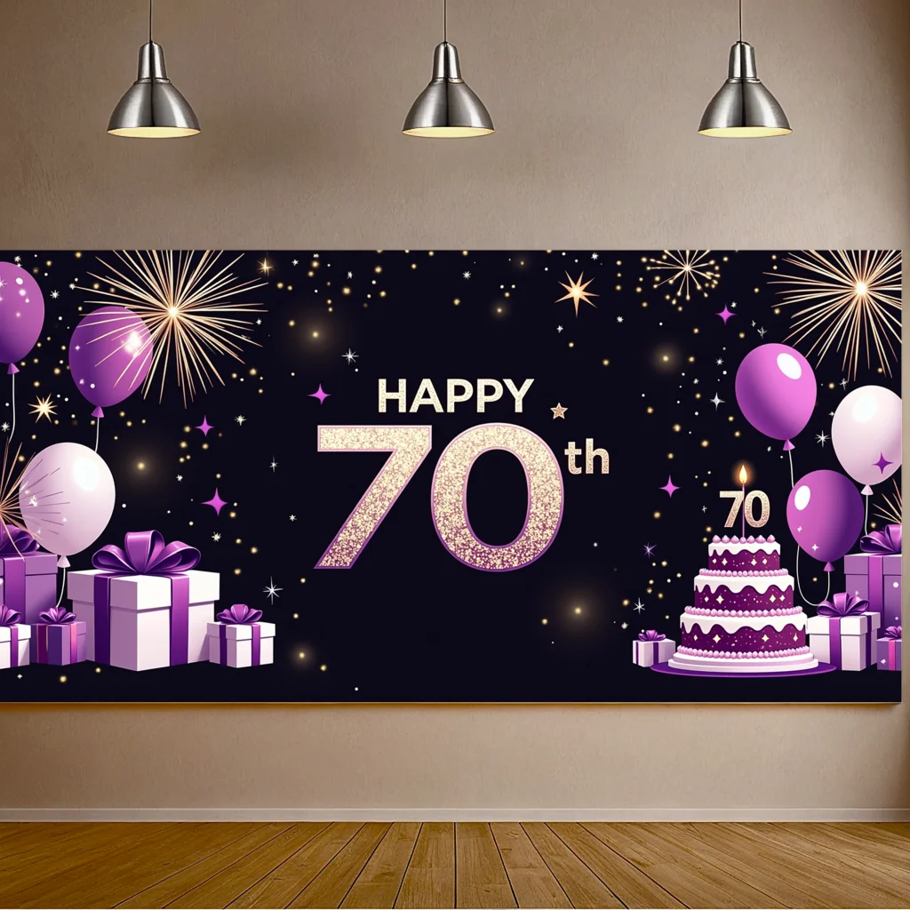 Happy 70th Birthday Banner Backdrop Fireworks Cake Balloons Sparkle Celebration Decor Birthday Party Supplies Photography Props