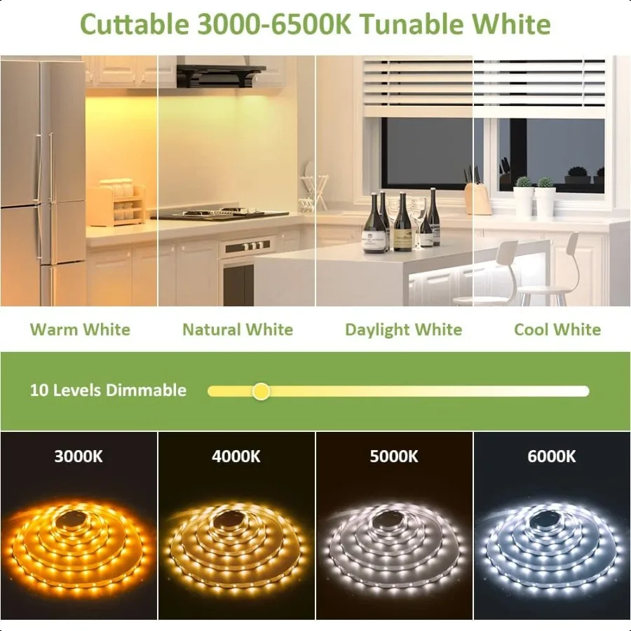 20ft Tunable White LED Strip Light Kit Dimmable 3000K6500K 24V Tape Light with RF Remote Flexible Rope LED Ribbon for Bedroom H