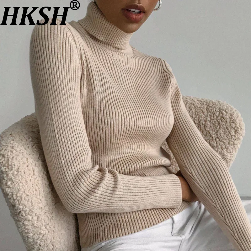 

HKSH Autumn Winter New Women Sweater Turtleneck Knitted Solid Color Minimalism Style Elegant Stylish Basic Pullover Tops HK11219