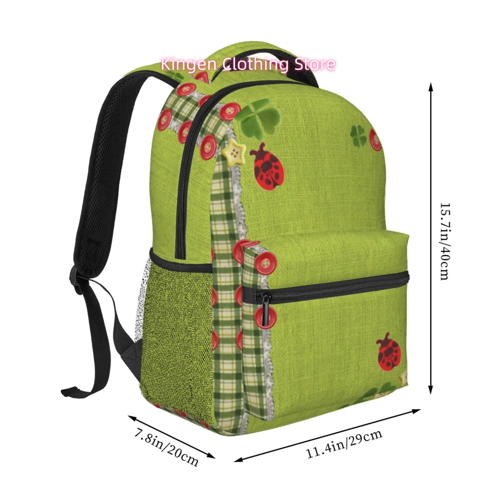 Lime Green Ladybug & Shamrock Button Patch Backpack with Oxford Cloth Adjustable Strap - Lightweight Zipper Daypack Suitable for