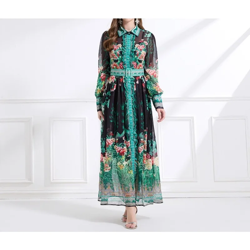 فستان عتيق للنساء قصر فستان مطبوع عتيق زهري كم طويل ميدي خط أنيق ربيعي فيستدوس ملابس بالجملة