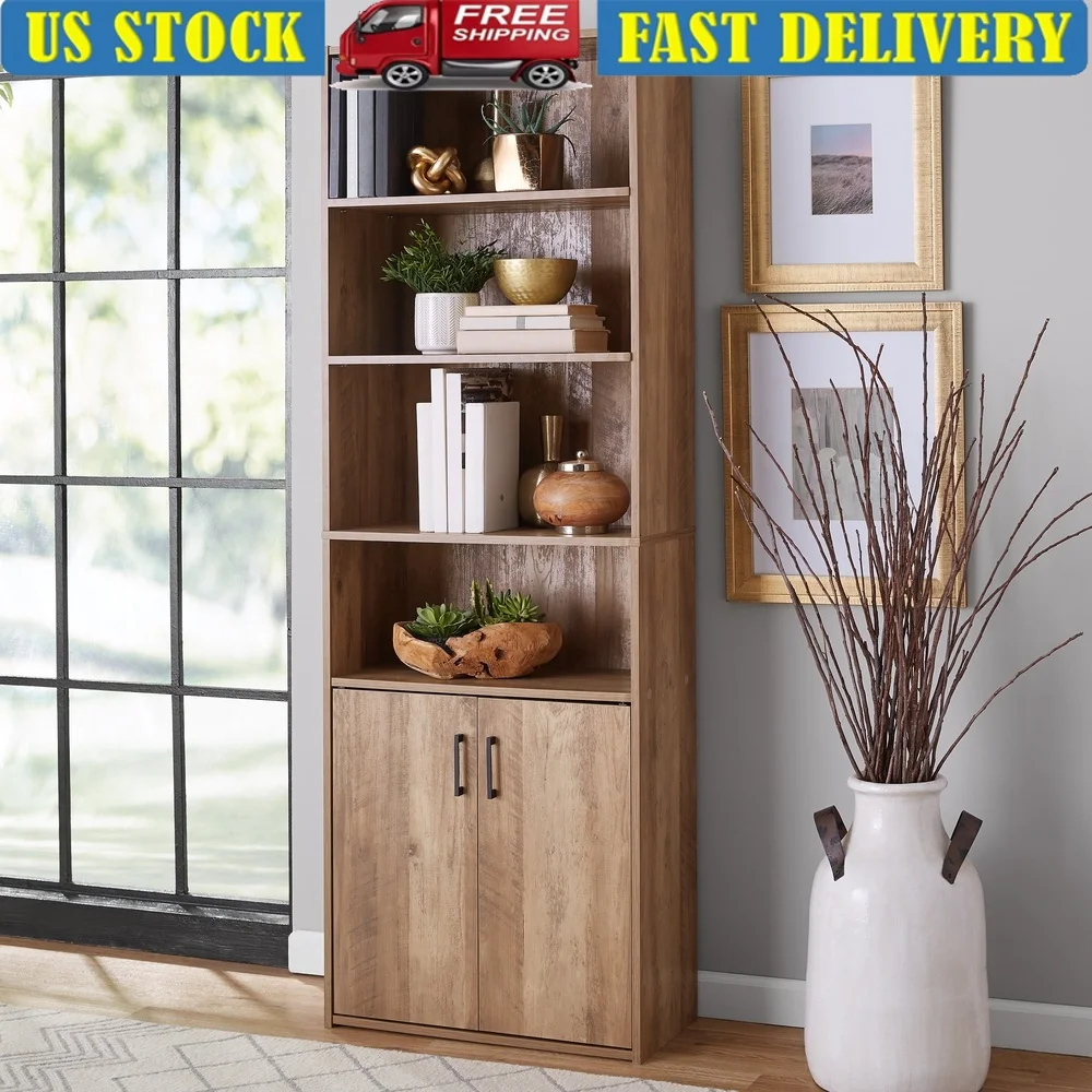 

Traditional 5 Shelf Bookcase with Doors Adjustable Storage Open Shelving Weathered Oak Finish Ideal Office Living Room Display