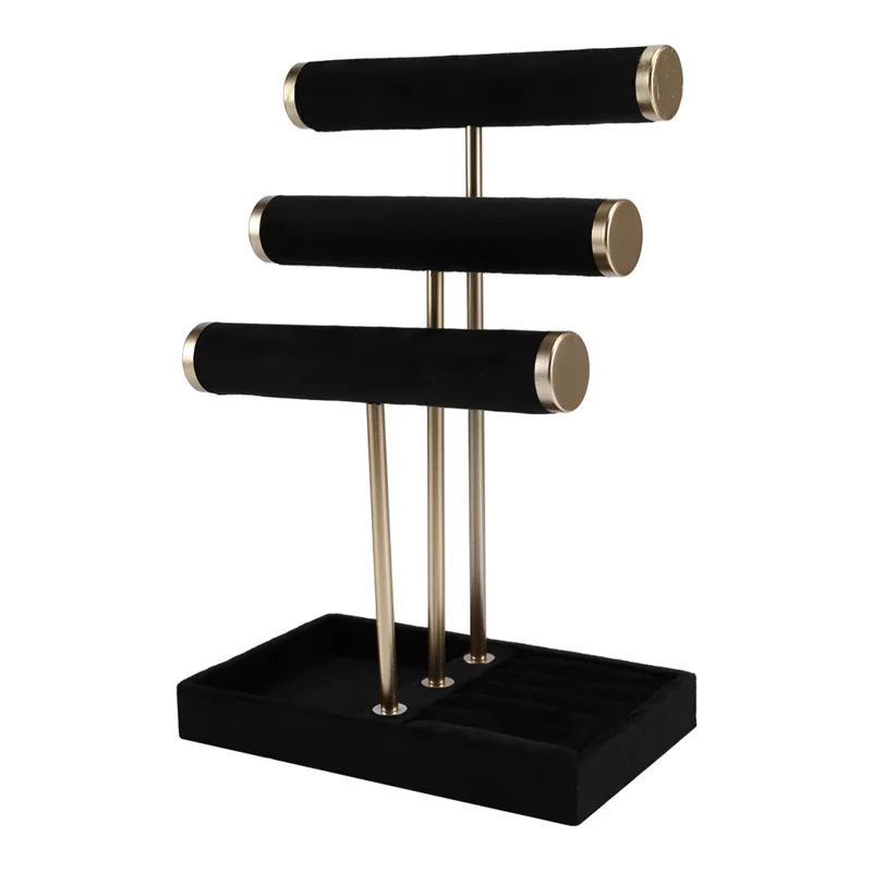 

ABP-Black Velvet 3 Tier Jewelry Holder–T-Bar Detachable Design For Bracelets Necklaces Display