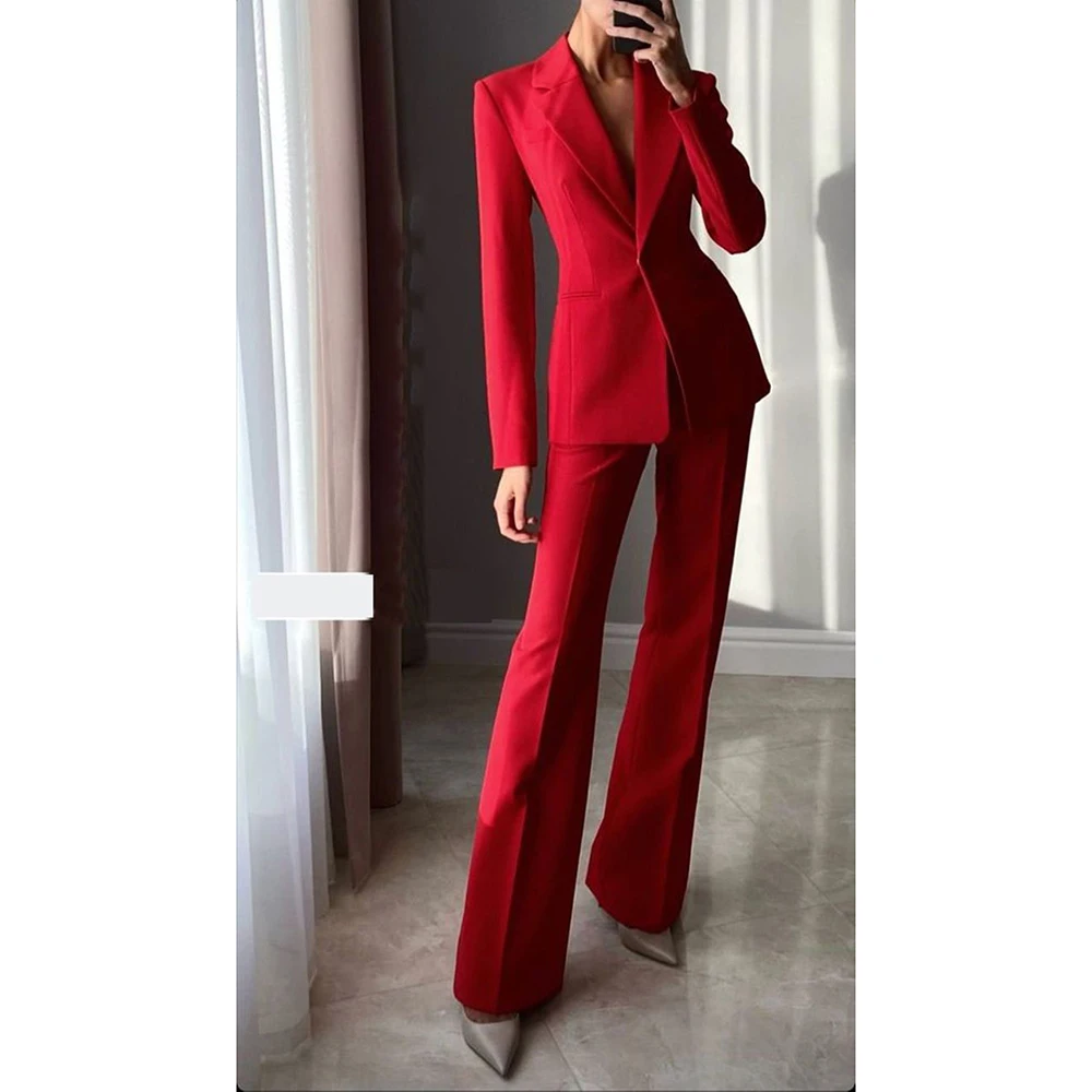 Red Women Suits Blazer Slim Fit Single Breasted Notched Lapel One Button 2 Piece Jacket Pants Office Lady Outfits Costume 2024